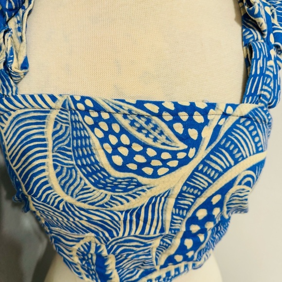 Ybara Women Blue and White Patterned Hawaiian Adjustable Back Bow Top Fits M-XL - Picture 3 of 11